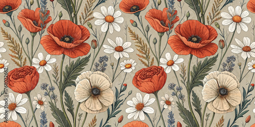 Vibrant floral pattern featuring poppies and daisies in warm hues on a soft background.