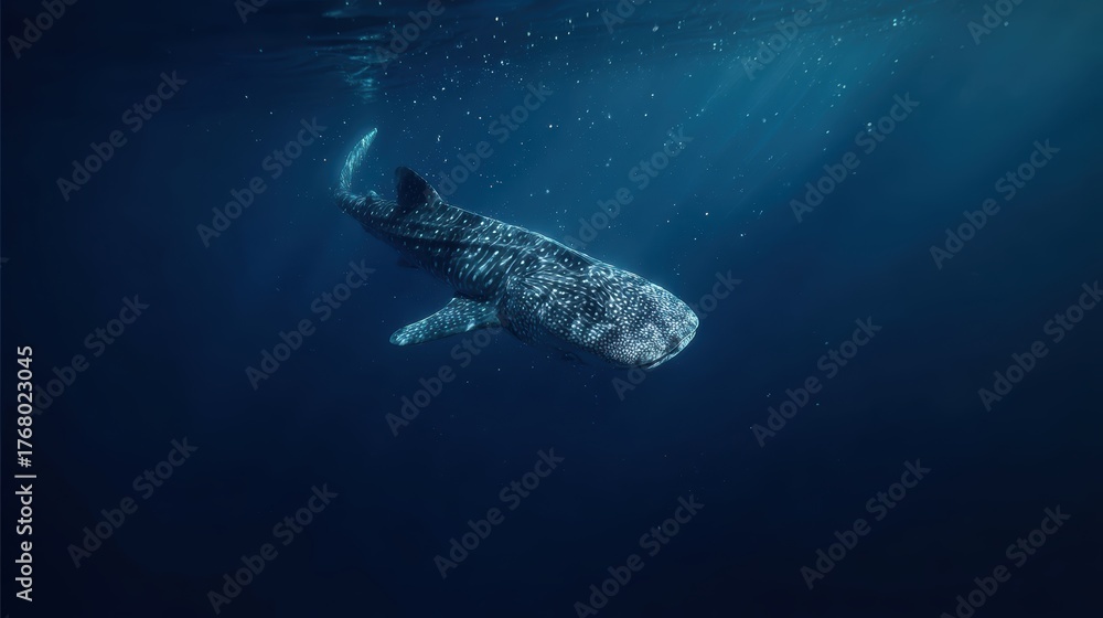 Naklejka premium Majestic Whale Shark Swimming Gracefully in Blue Ocean Depths