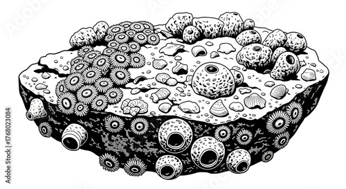 Detailed illustration of a diverse coral reef ecosystem.