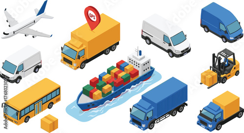 Isometric Transportation and Logistics Vehicles Featuring Air, Land, and Sea Freight Elements for Supply Chain, Delivery, and Trade Illustrations