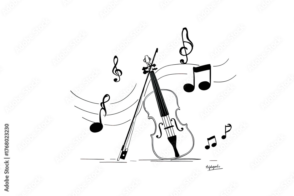 Fototapeta premium A whimsical black and white illustration of a violin with musical notes floating around it, suggesting a melody in motion.