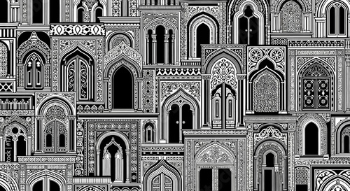 Detailed Architectural Facades - A Black and White Study of Ornate Windows.