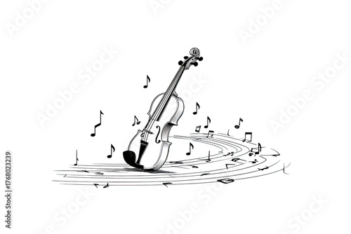 A detailed illustration of a violin with musical notes swirling around it, creating a sense of movement.