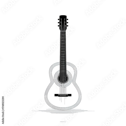 A graphic design illustration of an accoustic stringed instrument in black and white