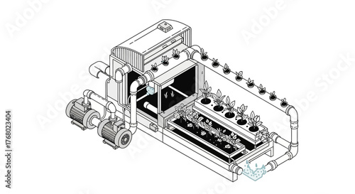 Detailed Isometric Illustration of an Industrial Water Treatment System.