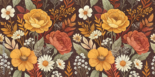 Vibrant floral pattern featuring orange and yellow blooms on a dark background.
