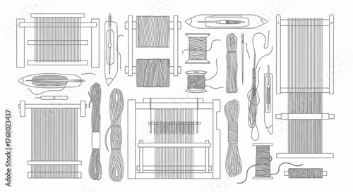 Detailed illustration of various weaving tools and equipment for textile creation.