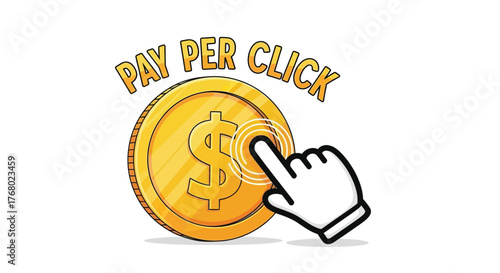 Pay per click illustration with gold coin and hand cursor online advertising isolated on white background
