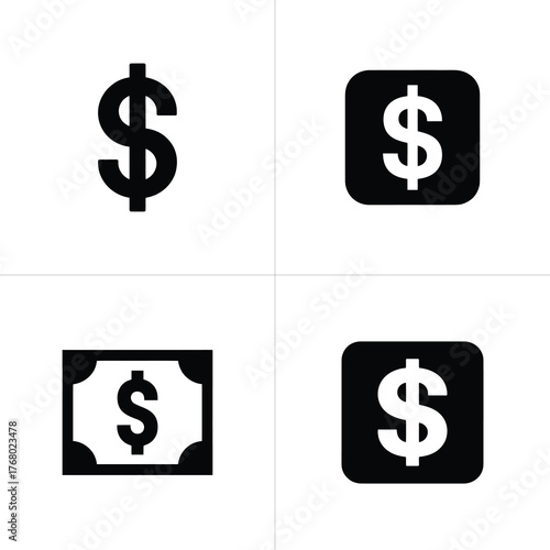 Black and White Dollar Sign Icons on White Background Money Currency Symbol