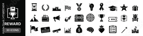 Collection of black and white icons representing rewards achievements and success in business and gaming
