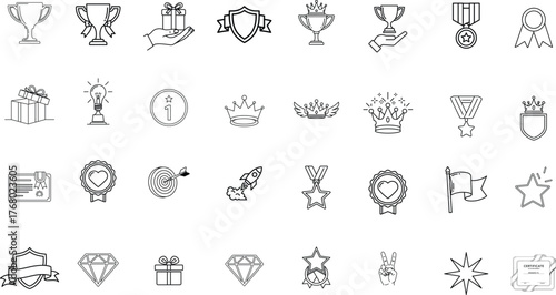 Collection of hand drawn outline icons representing awards trophies medals and achievements in a grid layout