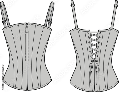 Corset top fashion flat sketch, technical garment drawing, vector illustration front back view, cad design