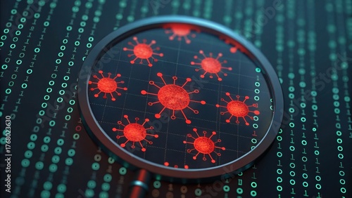 Magnifying Glass Over Virus Patterns on Digital Code Background