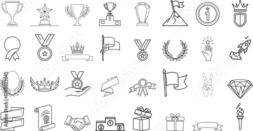 Collection of hand drawn black and white icons representing awards trophies medals and symbols of achievement