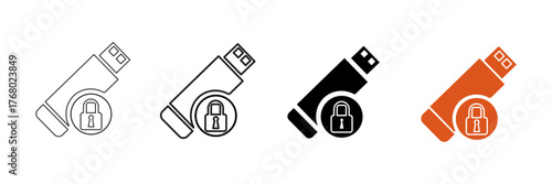 Set of minimalist USB security icons with transparent background, depicting data protection, secure digital storage, encrypted files, and confidential information, vector illustration