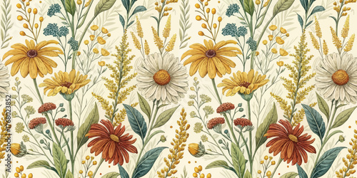 A vibrant floral pattern showcasing assorted blooming flowers in warm hues.