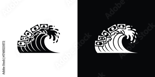 Black Wave Silhouette with Money Bills Currency Icon and White Splashes