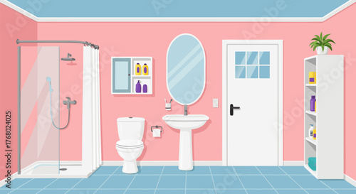 Vector illustration of a clean bathroom interior design with pink walls and blue floor. Modern room with furniture, shower, and toilet 4.eps