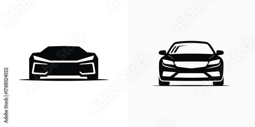 Car Fronts Silhouette, Auto Vehicle in Black on White Background, Transportation Icon
