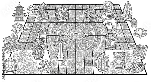 Elaborate Asian-Themed Board Game Layout with Intricate Details.