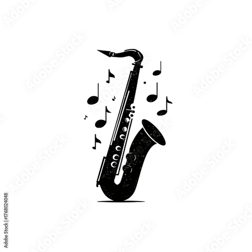 A black and white illustration of a saxophone surrounded by floating musical notes