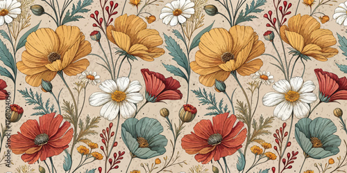 A vibrant arrangement of hand-drawn flowers in warm and cool tones on a soft, neutral background.