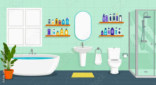 Modern bathroom interior with furniture and toiletries in a flat cartoon style. Vector illustration for home design and hygiene concepts