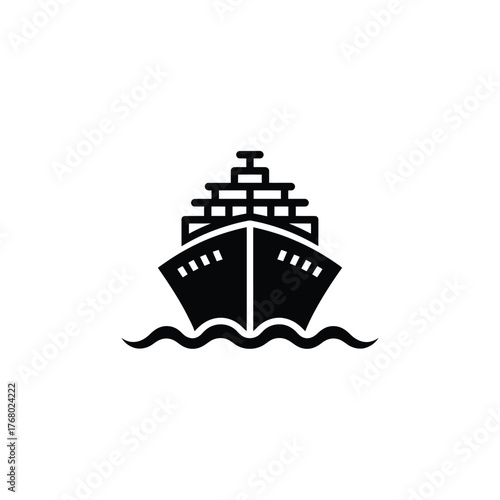 Cruise Ship Icon Silhouette Sailing Over Waves, Sea Transportation Symbol, Transparent