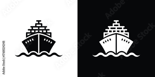 Cruise Ship Silhouette Icon, Boat on Sea Waves, Water Transportation, Black and White