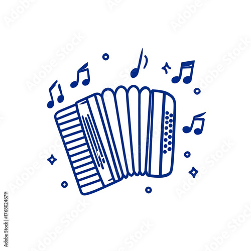 A charming blue line drawing of an accordion with musical notes floating around it.