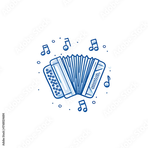 A blue line art illustration of an accordion with musical notes floating around it on a white background.