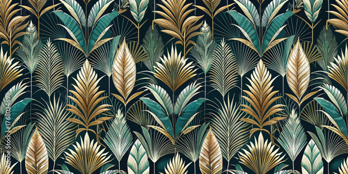Vibrant tropical foliage pattern with gold accent, perfect for modern decor and nature-inspired designs.