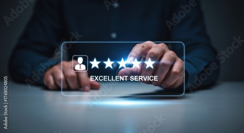 Customer's hand touching five glowing stars on digital interface, indicating excellent service customer satisfaction with professional modern design.