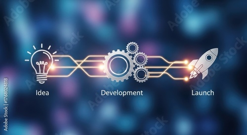 Conceptual illustration for journey bright idea through meticulous development, culminating in successful launch represented rocket taking flight amidst glowing connections gears.