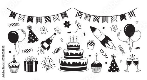 Cupcake illustration in simple black and white drawing style vector