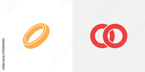 Linked Circles Illustration, Golden Circle Single, Red Two Circles Connected, White Background