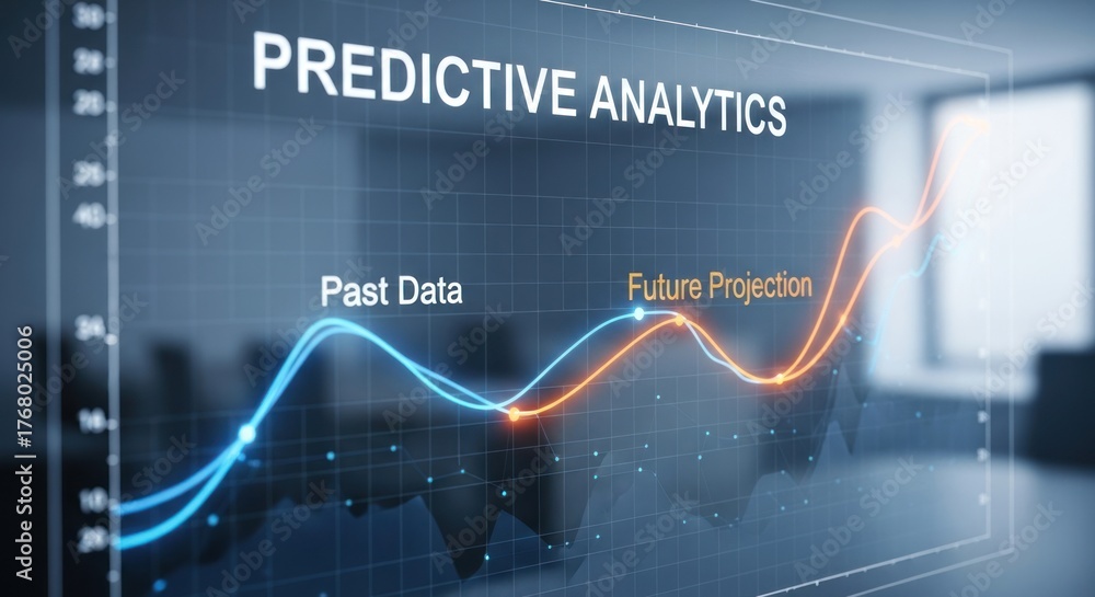 Obraz premium Digital display showcasing predictive analytics with lines for past data trends future projections on grid background, illustrating business growth forecasting insights.