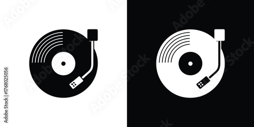 Retro Vinyl Record Player Design with Tone Arm in Black and White Icon Style