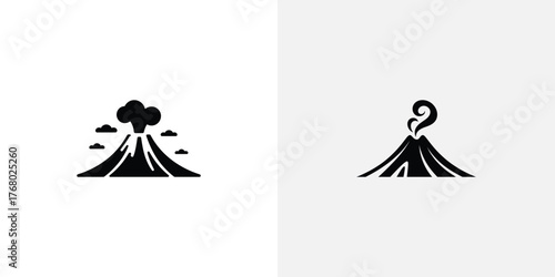 Two Erupting Volcanoes, Black Silhouette, Clouds and Lava Flow, Transparent Background