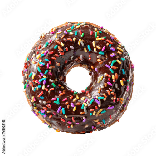 Chocolate-frosted donut with multi-colored sprinkles isolated against a black background, showing texture and detail