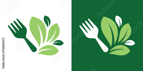A modern logo combining a leaf and fork, symbolizing healthy food, organic eating, and natural nutrition.