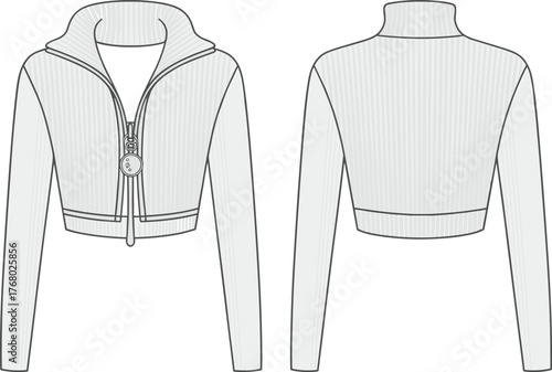 Cropped zip up jacket, ribbed texture design, high collar fashion flat sketch, cad drawing vector illustration