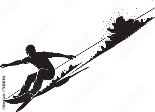 Snowboarder silhouette carving turn with spray trail, extreme winter sports icon on clean background.