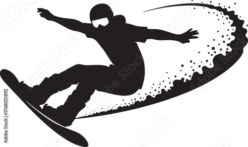 Snowboarder silhouette carving turn with spray trail, extreme winter sports icon on clean background.