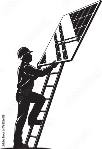 Silhouette of a worker installing solar panels. Vector illustration.