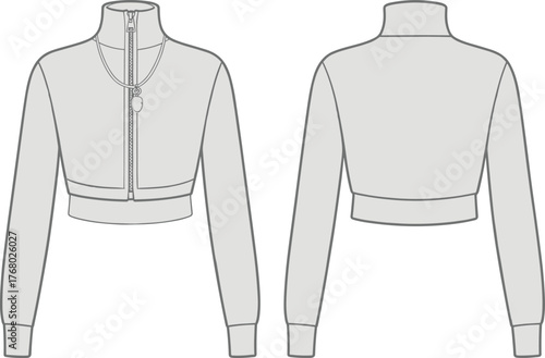 Cropped zip up jacket, high collar design, front zipper closure, fashion flat sketch, cad drawing vector illustration