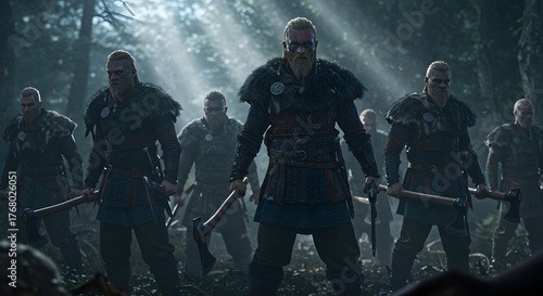 Viking Warriors Group Battle Scene, Norse Medieval Army Combat Epic Photography