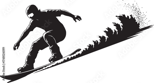 Snowboarder silhouette carving turn with spray trail, extreme winter sports icon on clean background.