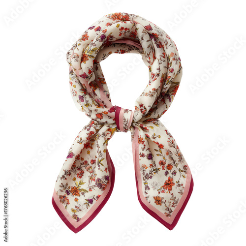 Floral scarf white background, colorful flowers, tied in a knot, edges trimmed with burgundy. Delicate and patterned fabric