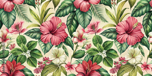 Vibrant tropical floral pattern featuring hibiscus and lush green leaves.